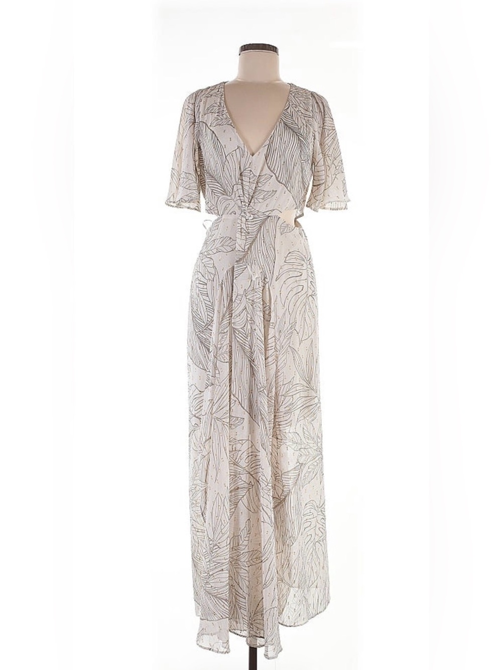 lovestitch Cream Leaf-Print V-Neck Maxi Dress